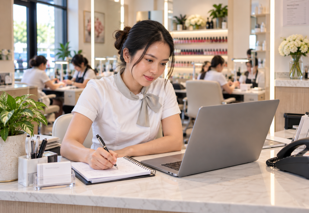 Tiệm Không Xuất Hiện Trên Google Maps? Cách Khắc Phục 9 Modern Nail Salon Receptionist at Work